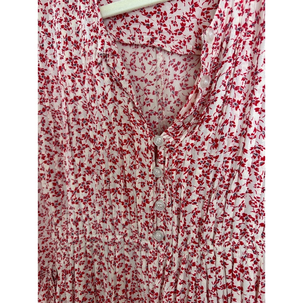 Free People One Fine Day Mini Dress Red Cream Ditsy Floral Pintuck XS Oversized - Picture 10 of 15